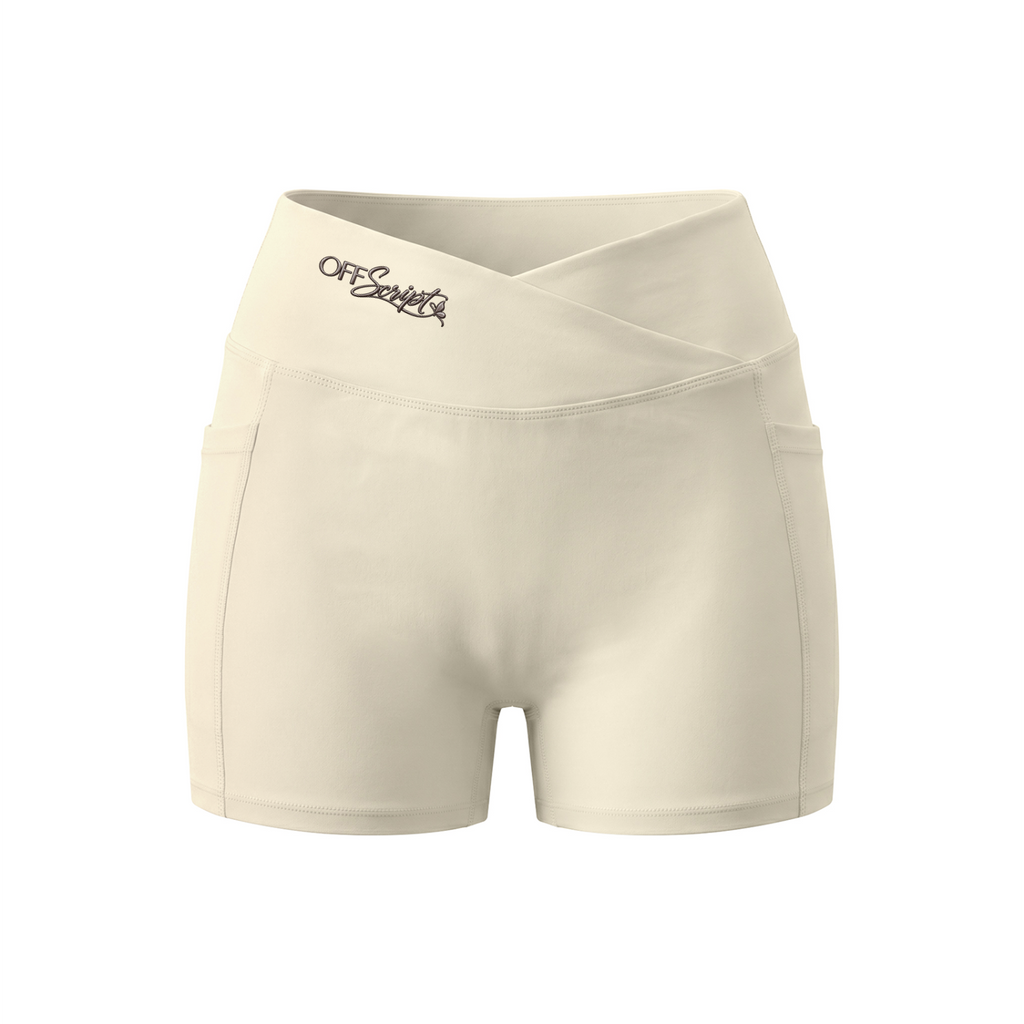 Women’s High Rise Pocket Yoga Shorts - Light Apricot - front 3D mockup
