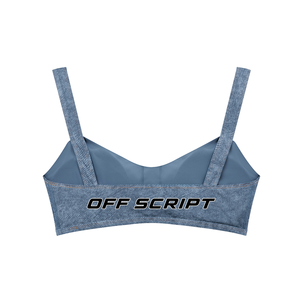 Off Script Women's Faux Denim Sports Bra - Light Blue back 3D mockup