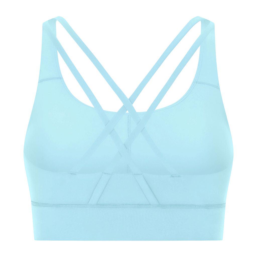 Off Script Women’s Strappy Criss-Cross Sports Bra - Light Blue back 3D mockup