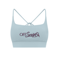 Off Script Women’s Strappy Criss-Cross Yoga Sports Bra - Light Blue front 3D mockup
