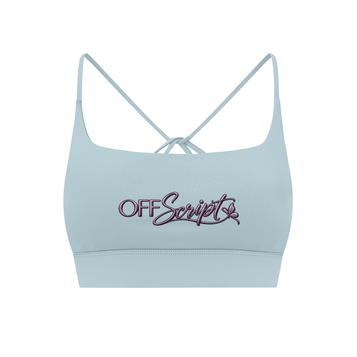 Off Script Women’s Strappy Criss-Cross Yoga Sports Bra - Light Blue front 3D mockup