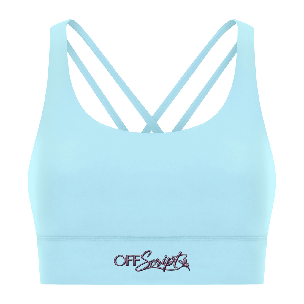 Off Script Women’s Strappy Criss-Cross Sports Bra - Light Blue front 3D mockup