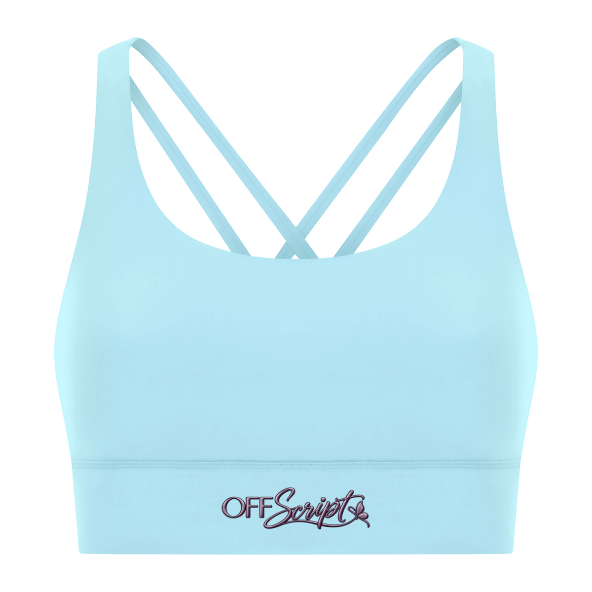 Off Script Women’s Strappy Criss-Cross Sports Bra - Light Blue front 3D mockup