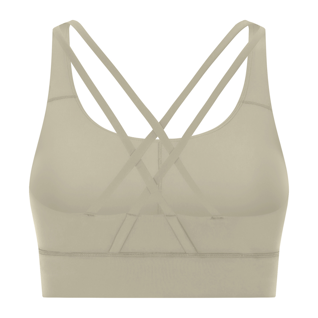 Off Script Women’s Strappy Criss-Cross Sports Bra - Light Gray back 3D mockup