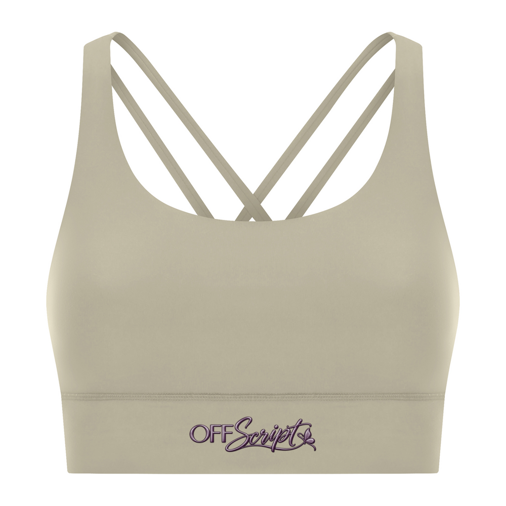 Off Script Women’s Strappy Criss-Cross Sports Bra - Light Gray front 3D mockup