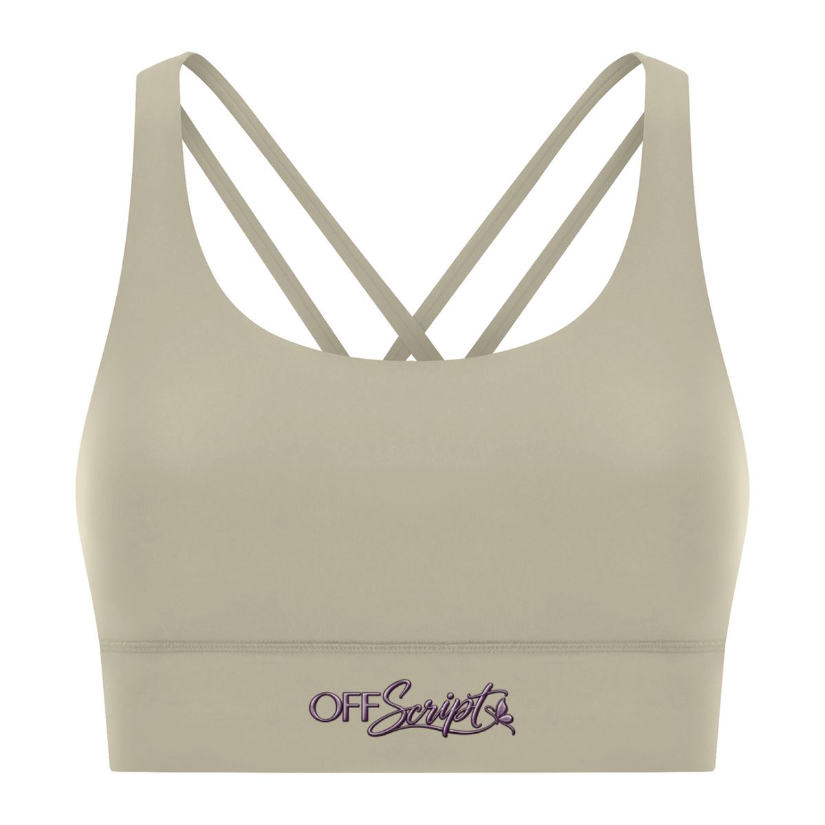 Off Script Women’s Strappy Criss-Cross Sports Bra - Light Gray front 3D mockup