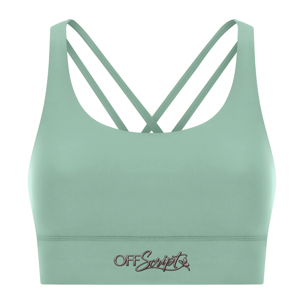 Off Script Women’s Strappy Criss-Cross Sports Bra - Light Green front 3D mockup
