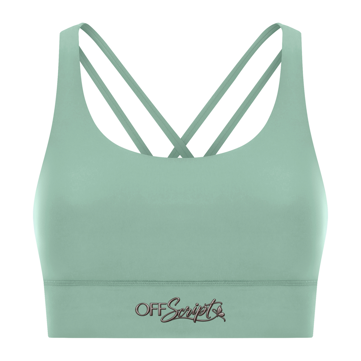 Off Script Women’s Strappy Criss-Cross Sports Bra - Light Green front 3D mockup