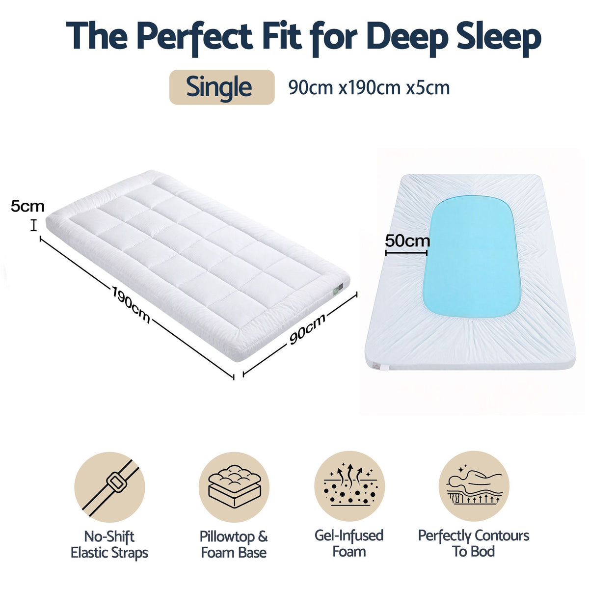 Giselle 5cm Single Memory Foam Mattress Topper Pillow Top with Gel Foam – supplier product image 2 of 8