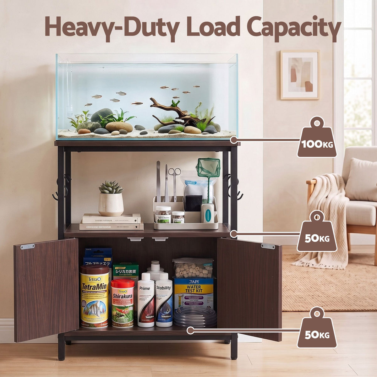 Artiss 20-Gallon Aquarium Stand with Cabinet – Walnut, 60 × 30 × 70 cm