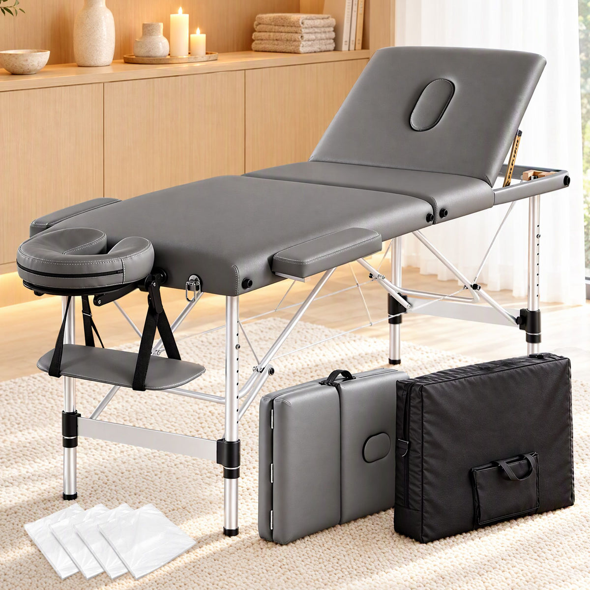Zenses 3-Fold Portable Massage Table 60cm Adjustable Backrest & Height, Aluminium Beauty Bed Grey — product image 1 of 10