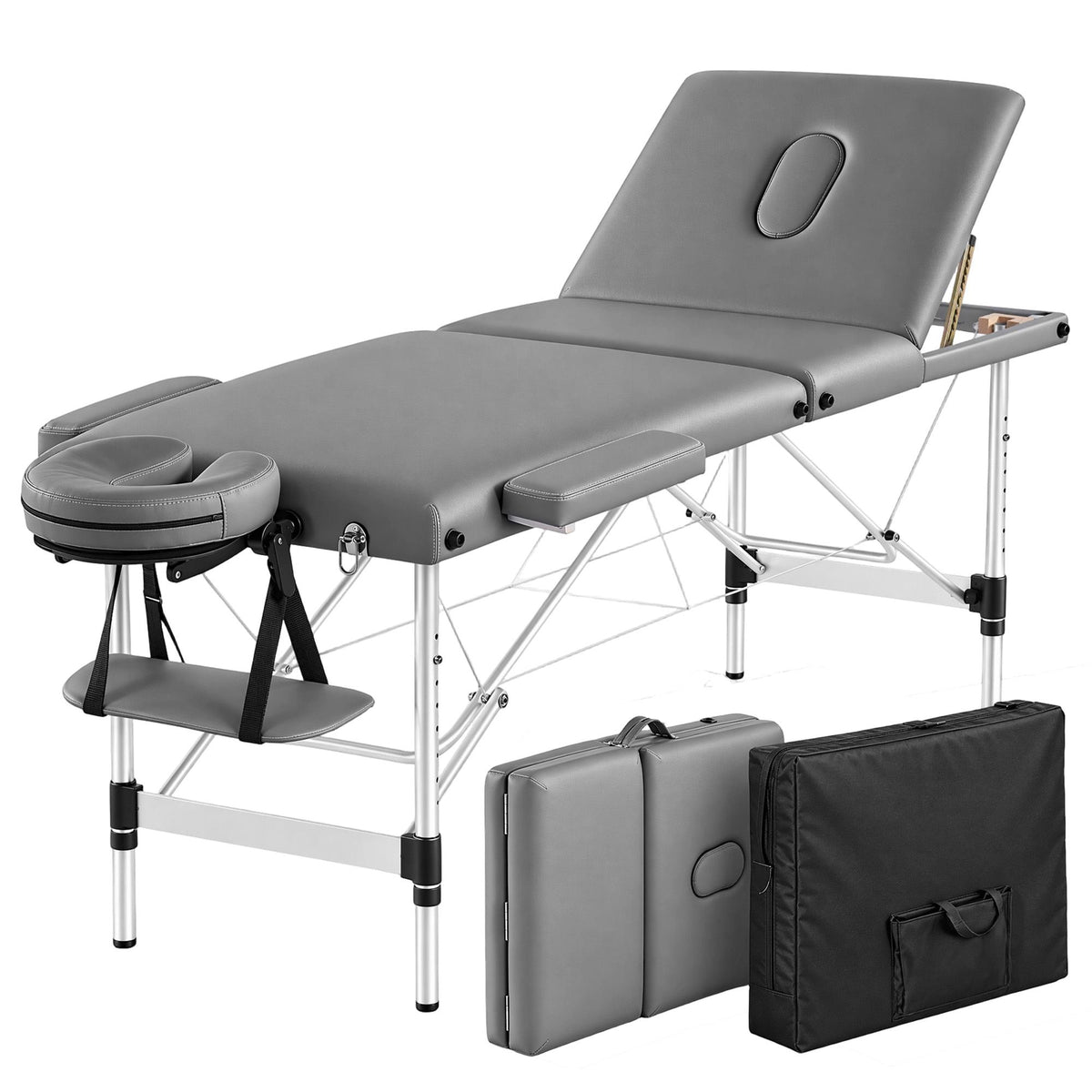 Zenses 3-Fold Portable Massage Table 60cm Adjustable Backrest & Height, Aluminium Beauty Bed Grey — product image 2 of 10