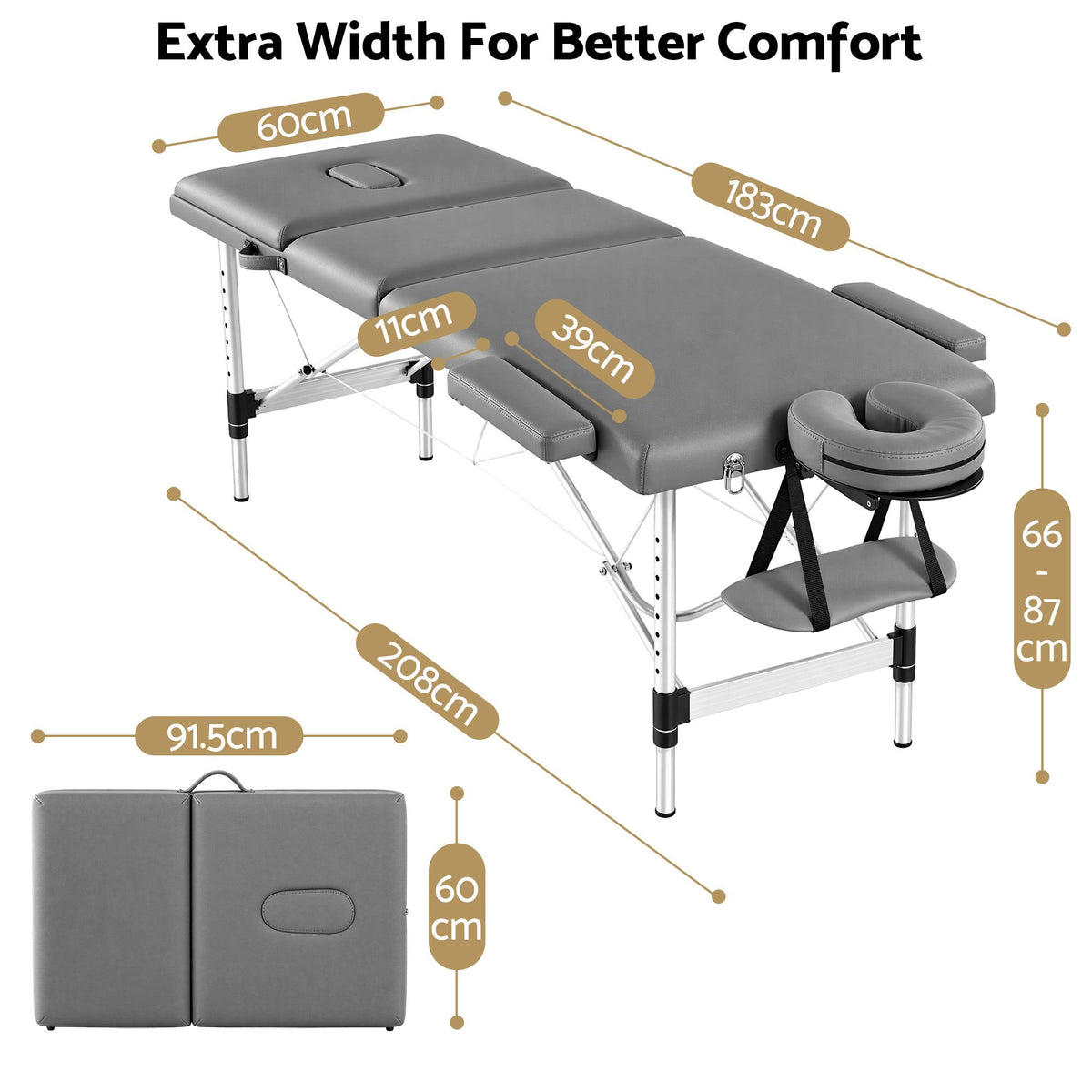 Zenses 3-Fold Portable Massage Table 60cm Adjustable Backrest & Height, Aluminium Beauty Bed Grey — product image 3 of 10
