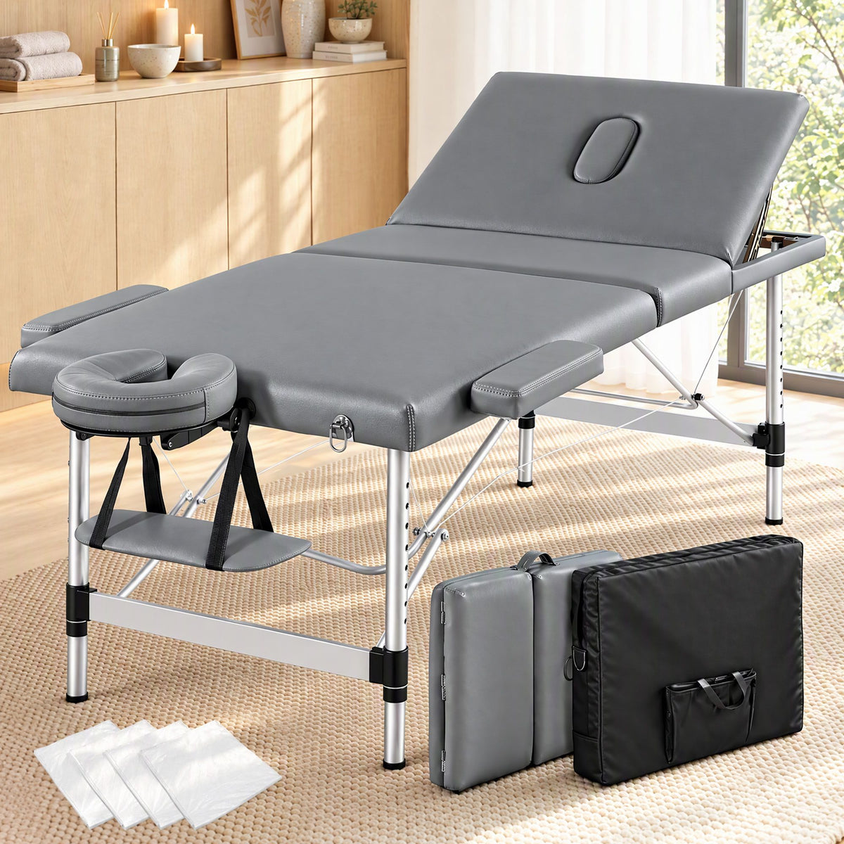 Zenses 3-Fold Portable Massage Table 80cm Adjustable Backrest & Height, Aluminium Beauty Bed Grey — product image 1 of 10