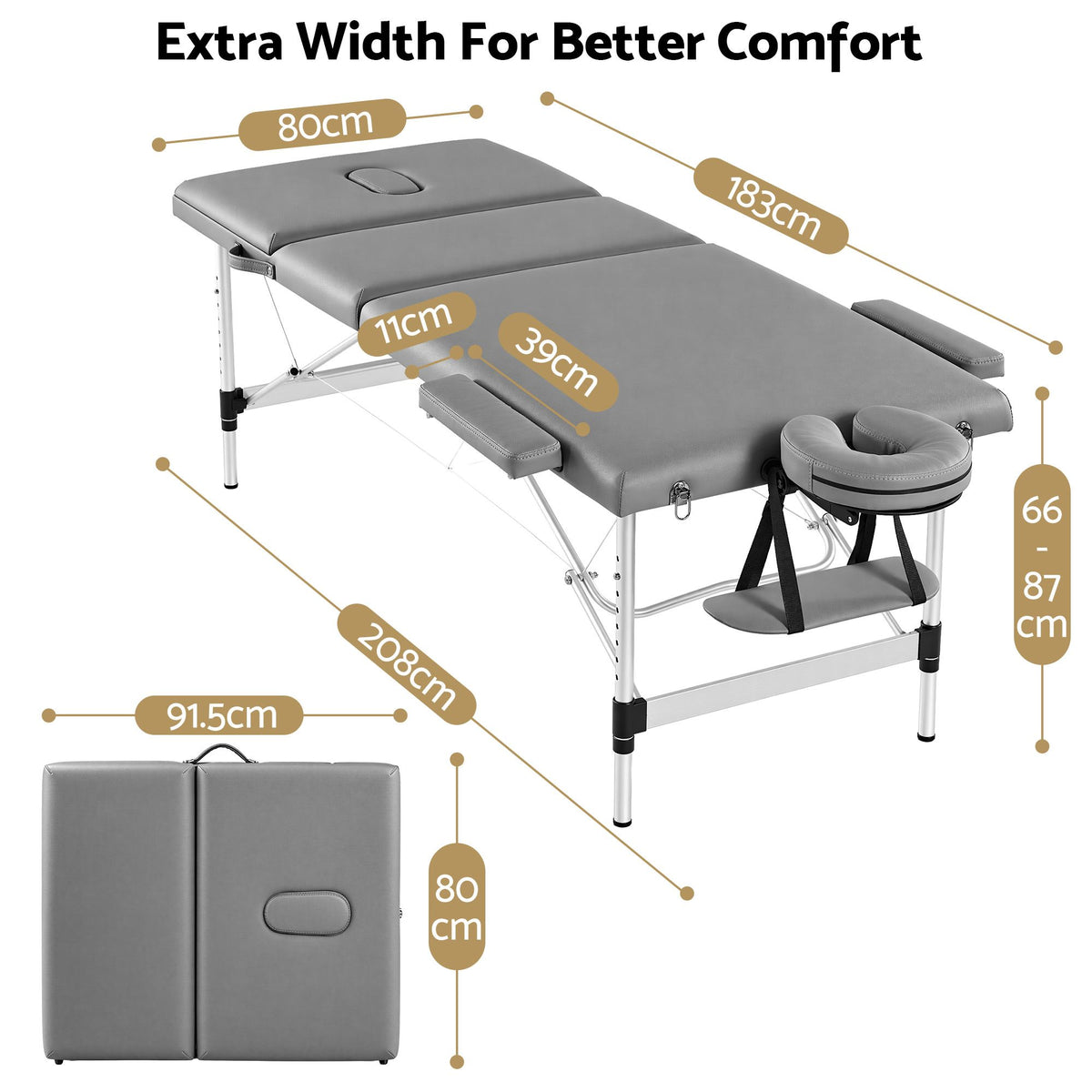 Zenses 3-Fold Portable Massage Table 80cm Adjustable Backrest & Height, Aluminium Beauty Bed Grey — product image 3 of 10
