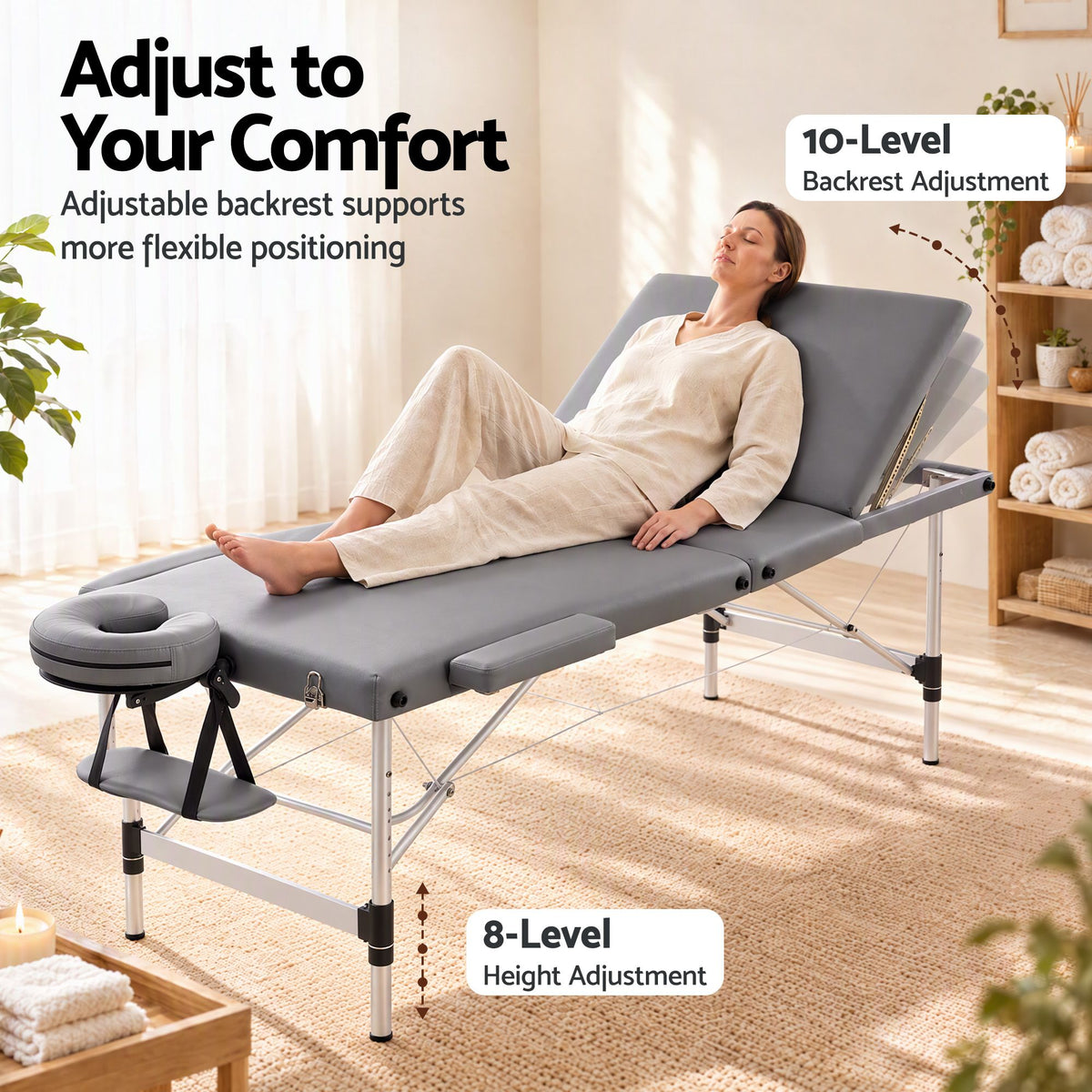 Zenses 3-Fold Portable Massage Table 80cm Adjustable Backrest & Height, Aluminium Beauty Bed Grey — product image 4 of 10