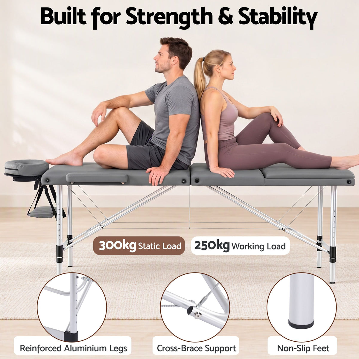 Zenses 3-Fold Portable Massage Table 80cm Adjustable Backrest & Height, Aluminium Beauty Bed Grey — product image 5 of 10