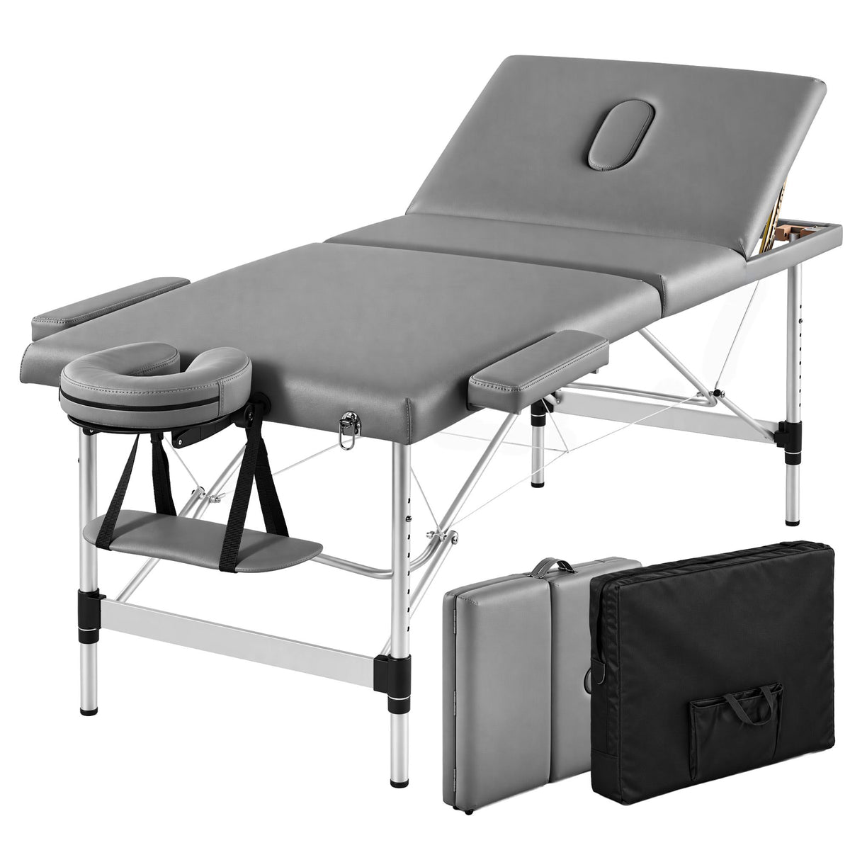 Zenses 3-Fold Portable Massage Table 75cm Adjustable Backrest & Height, Aluminium Beauty Bed Grey — product image 2 of 10