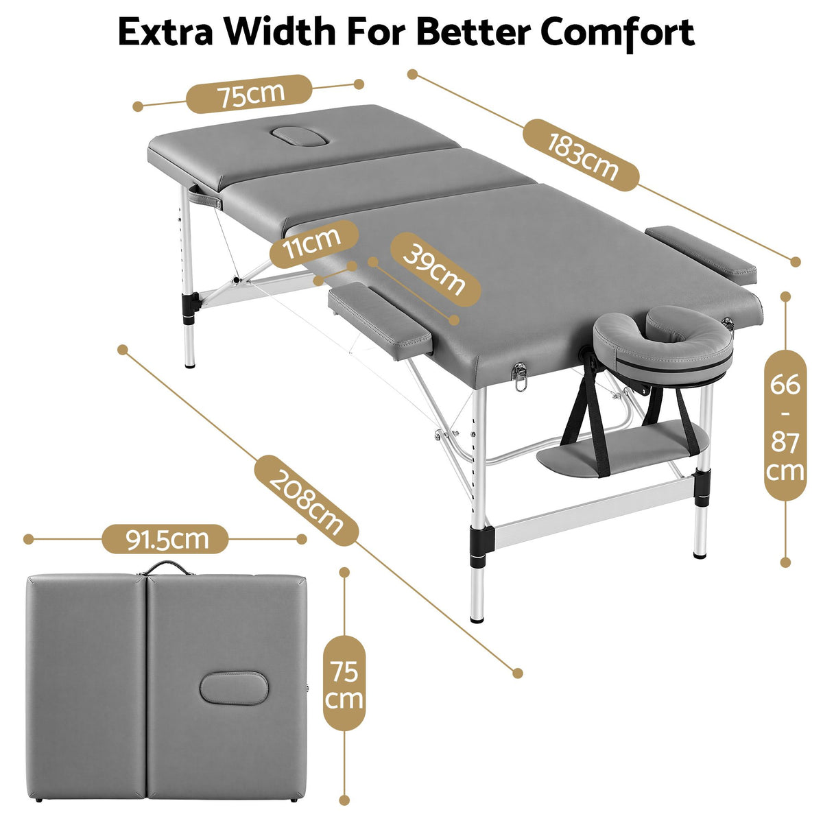 Zenses 3-Fold Portable Massage Table 75cm Adjustable Backrest & Height, Aluminium Beauty Bed Grey — product image 3 of 10