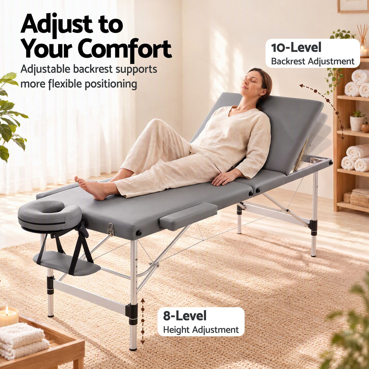 Zenses 3-Fold Portable Massage Table 75cm Adjustable Backrest & Height, Aluminium Beauty Bed Grey — product image 4 of 10