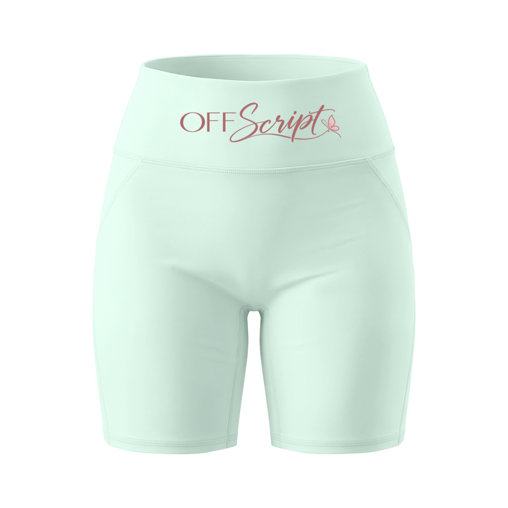Off Script Women’s High Waisted Yoga Biker Shorts - Mint Green front mockup