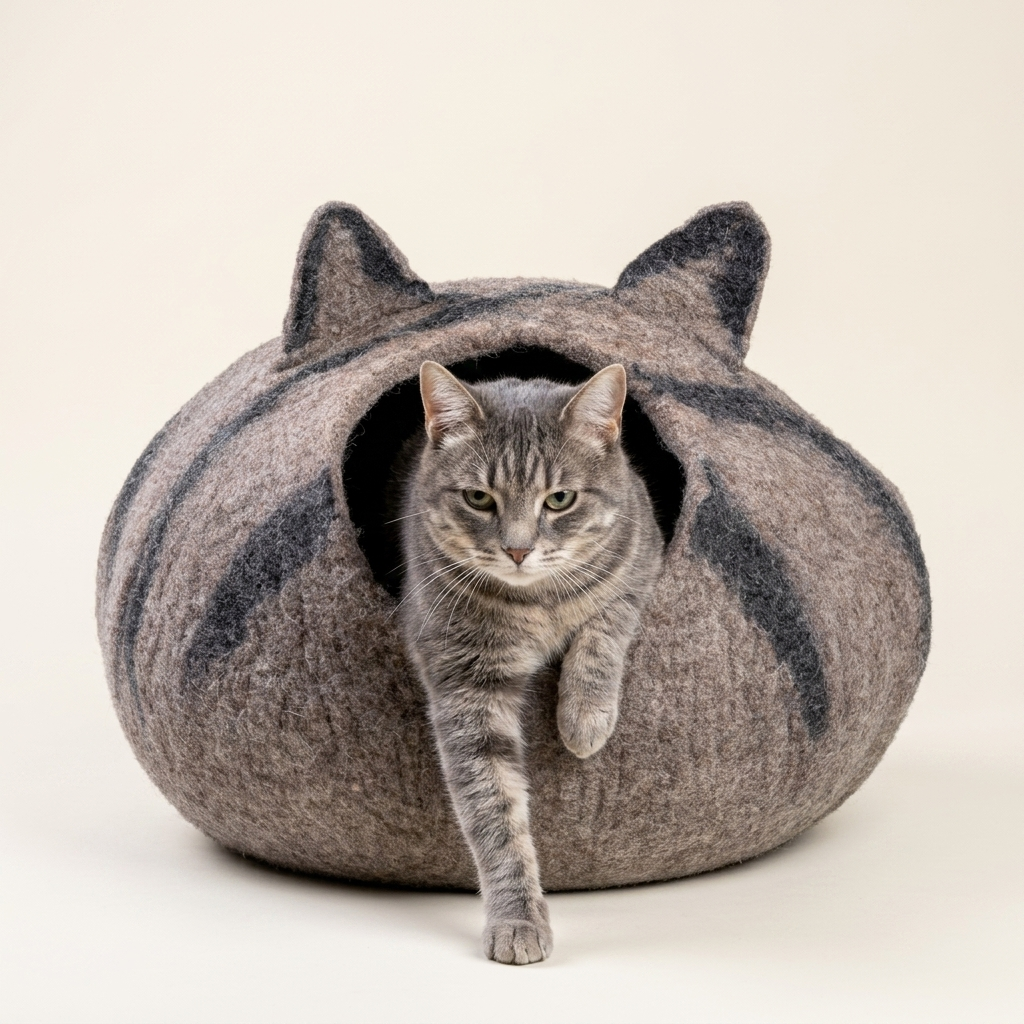 Grey Tabby Cat Wool Cat Cave Bed