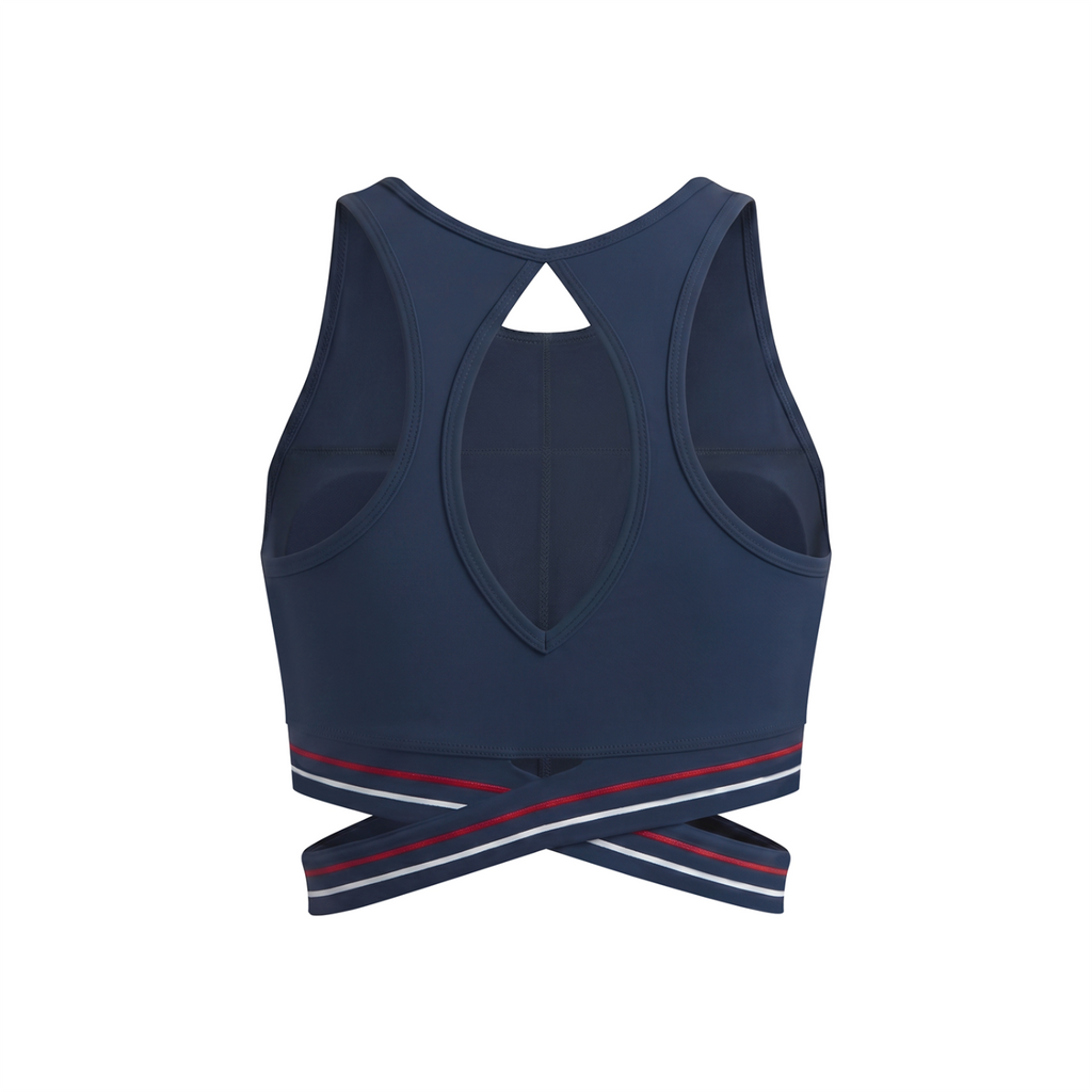 Off Script Women’s Criss-Cross Band Sports Bra - Navy Blue - back mockup