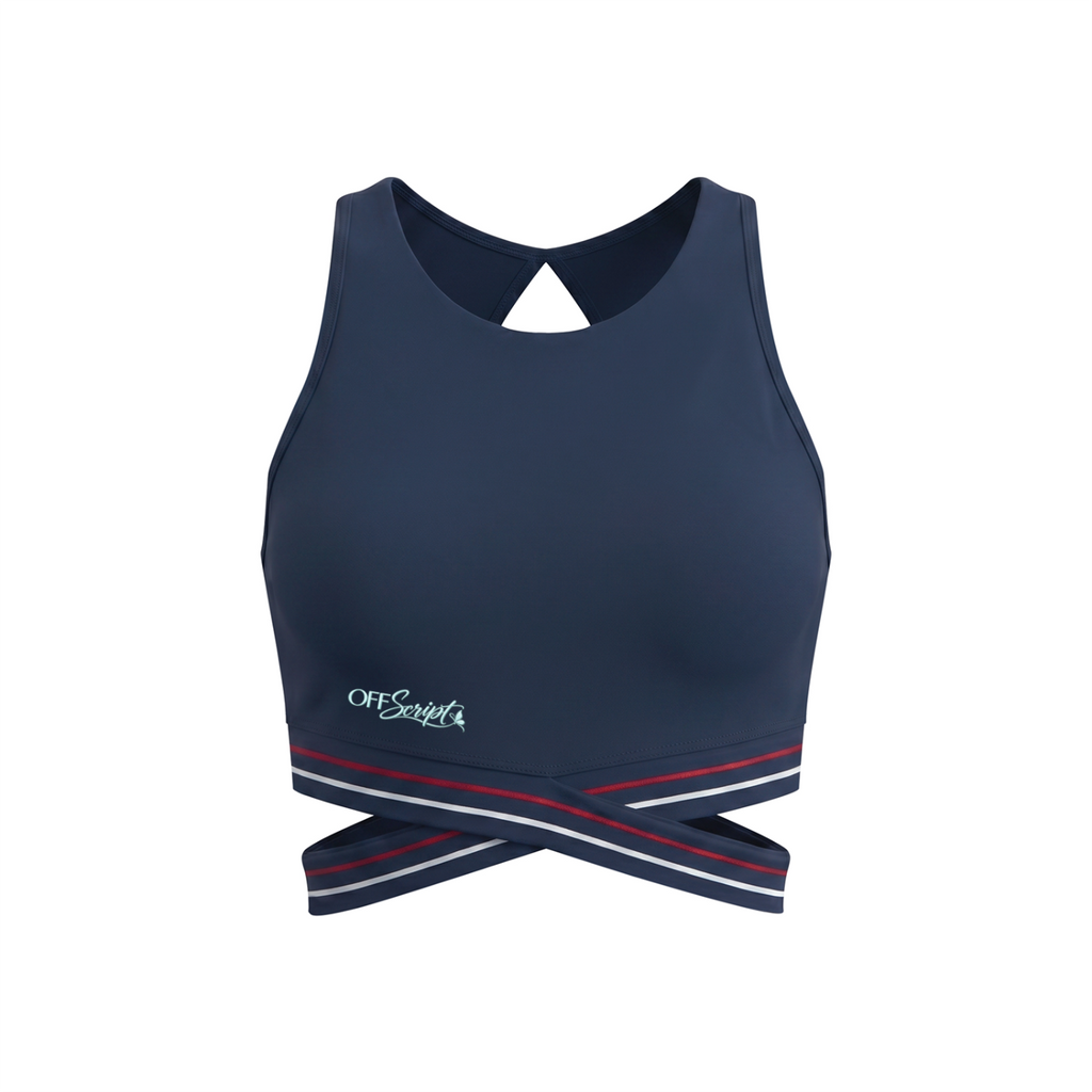 Off Script Women’s Criss-Cross Band Sports Bra - Navy Blue - front mockup