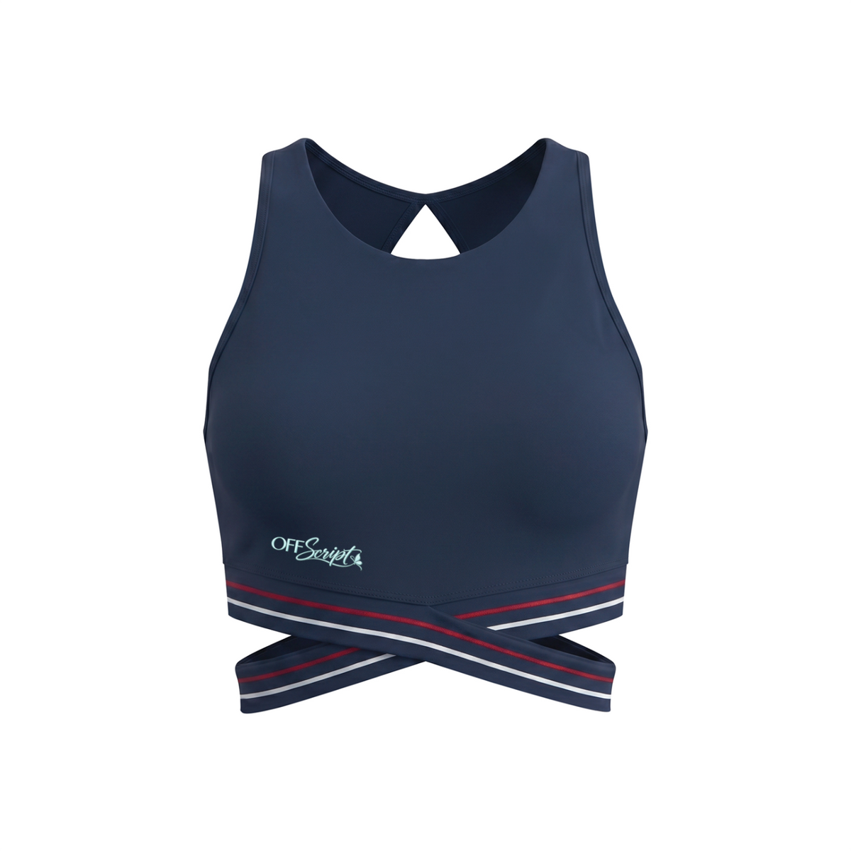 Off Script Women’s Criss-Cross Band Sports Bra - Navy Blue - front mockup