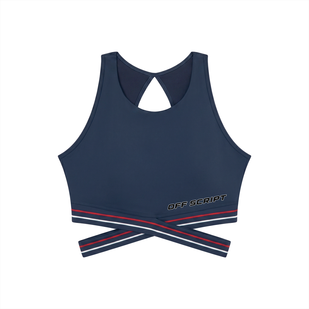 Off Script Women’s Criss-Cross Band Sports Bra - Navy Blue front