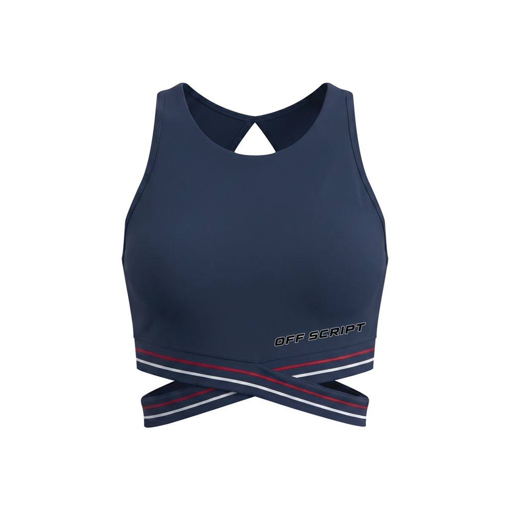 Off Script Women’s Criss-Cross Band Sports Bra - Navy Blue front 3D mockup