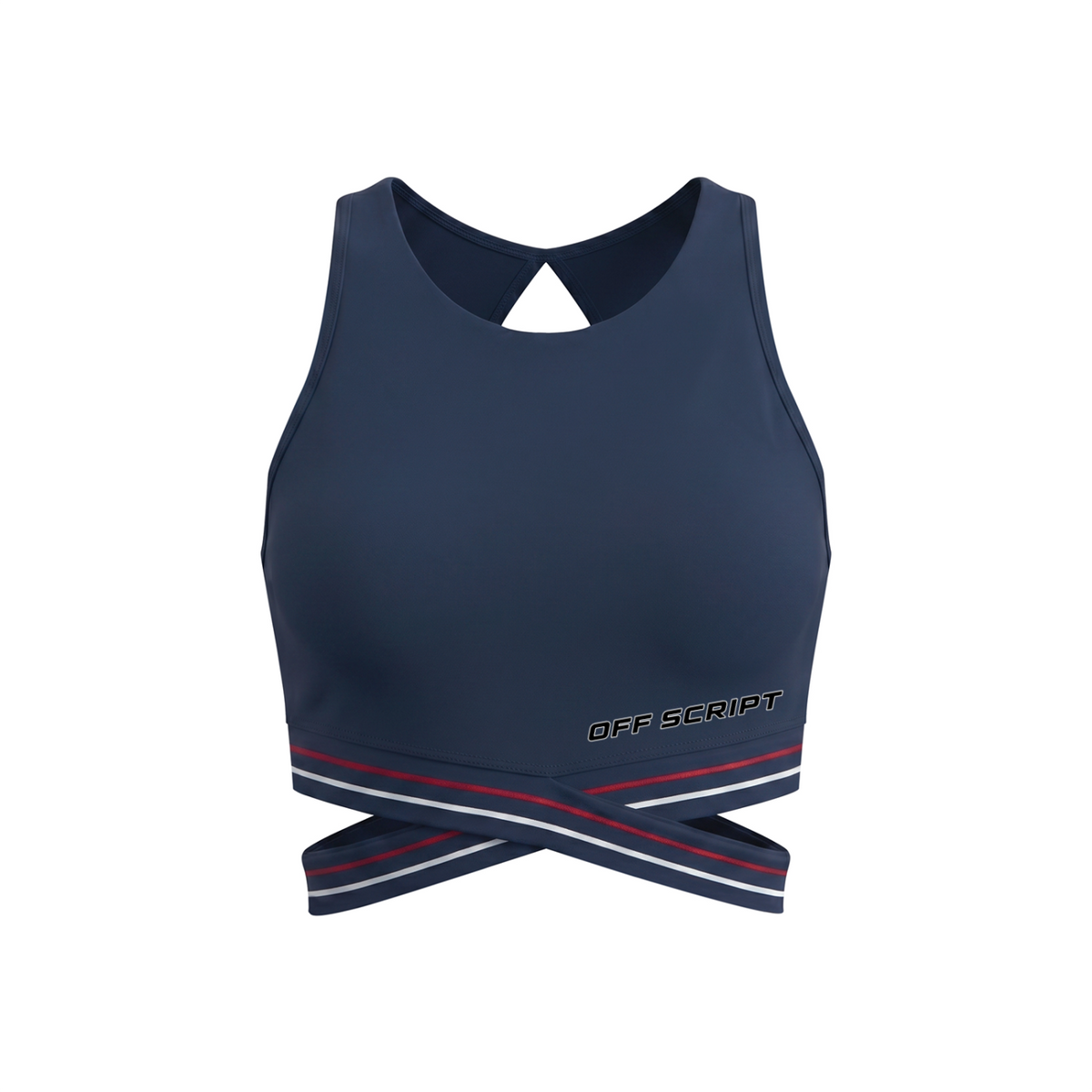 Off Script Women’s Criss-Cross Band Sports Bra - Navy Blue front 3D mockup