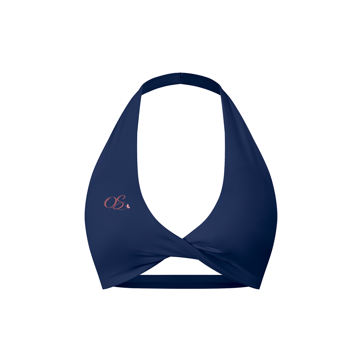 Off Script Women's Twist Front Halter Sports Bra - Navy Blue front 3D mockup