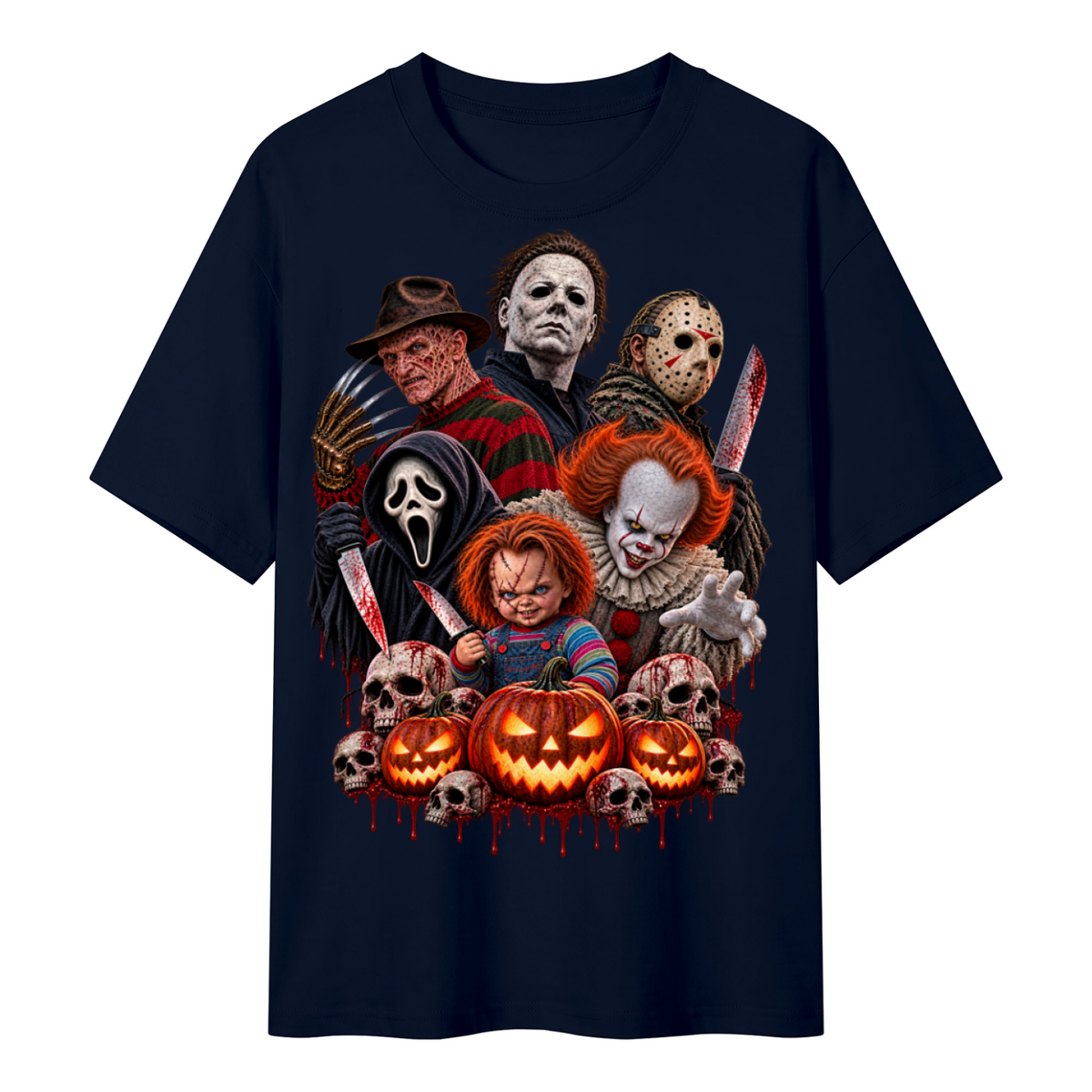 Navy Blue Halloween Horror Icons T-Shirt front mockup
