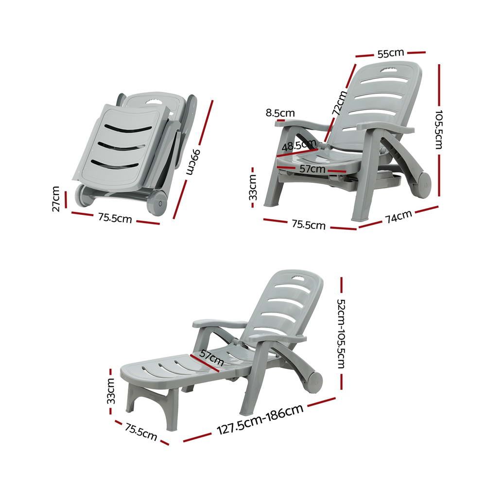 Gardeon 2PC Sun Lounger Folding Lounge Chair Wheels Patio Outdoor Furniture Grey — product image 3 of 10