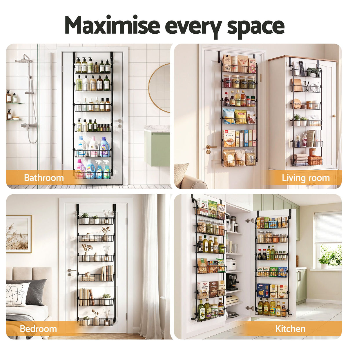 Artiss Over-Door Six-Tier Pantry Organisers, Set of 2 – Black