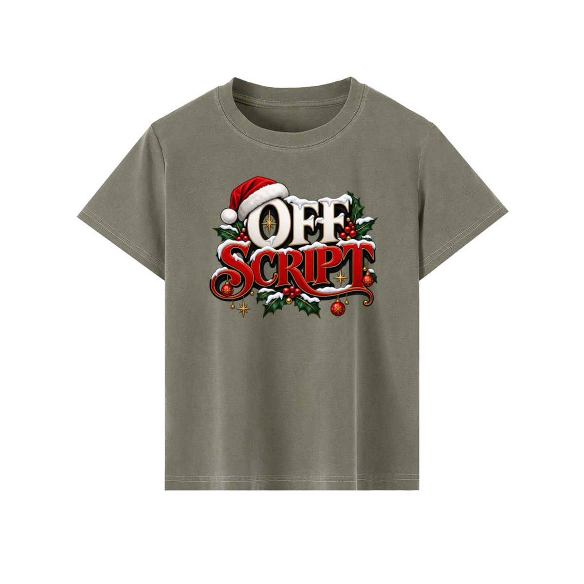 Off Script Christmas Women's Graphic T-Shirt – Army Green front mockup