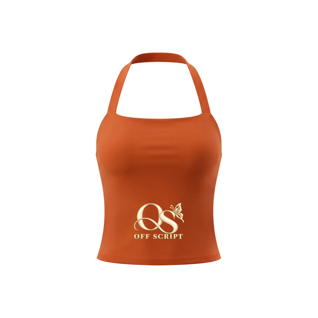 Off Script Women’s Halter Crop Sports Bra - Orange front 3D mockup