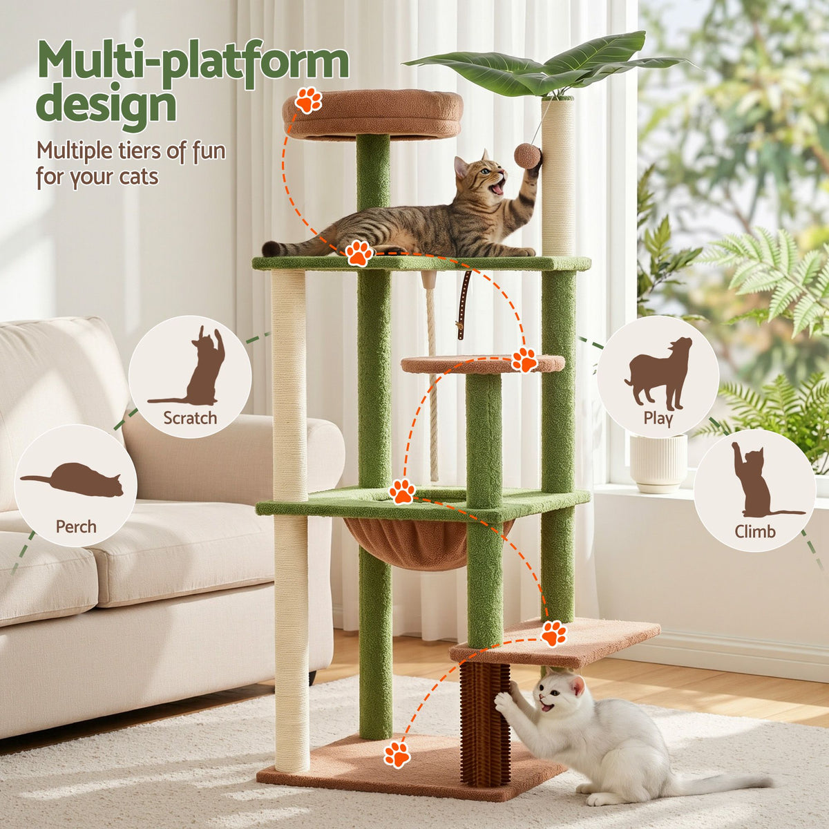 i.Pet Leafy Jungle Multi-Level Cat Tree - 152 cm, Green/Brown