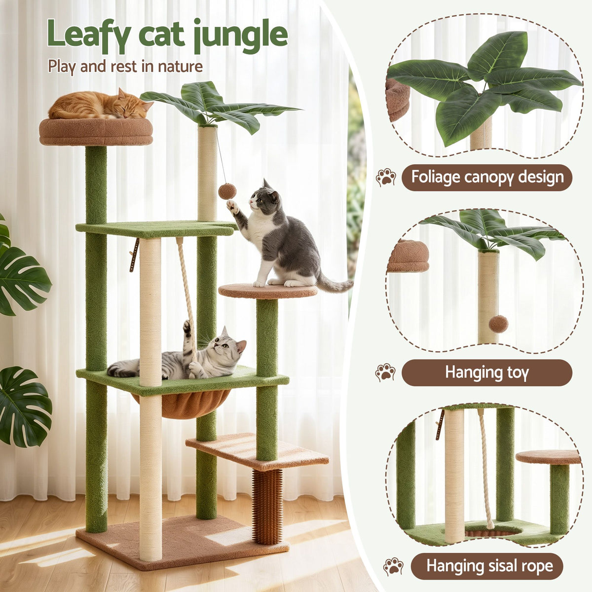 i.Pet Leafy Jungle Multi-Level Cat Tree - 152 cm, Green/Brown
