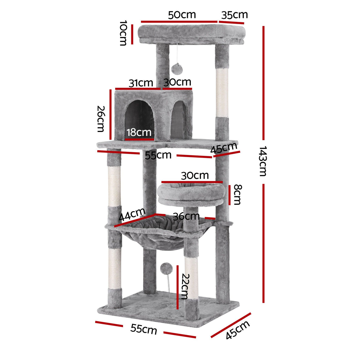 i.Pet Cat Tree 143cm Tower Scratching Post Trees Scratcher Condo House Grey — product image 2 of 8