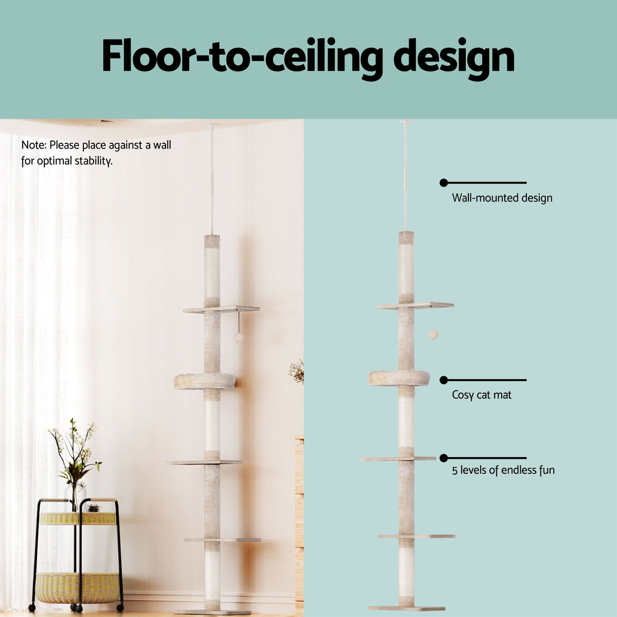 i.Pet Adjustable Floor-to-Ceiling Cat Tree, Beige/White, 230–290 cm