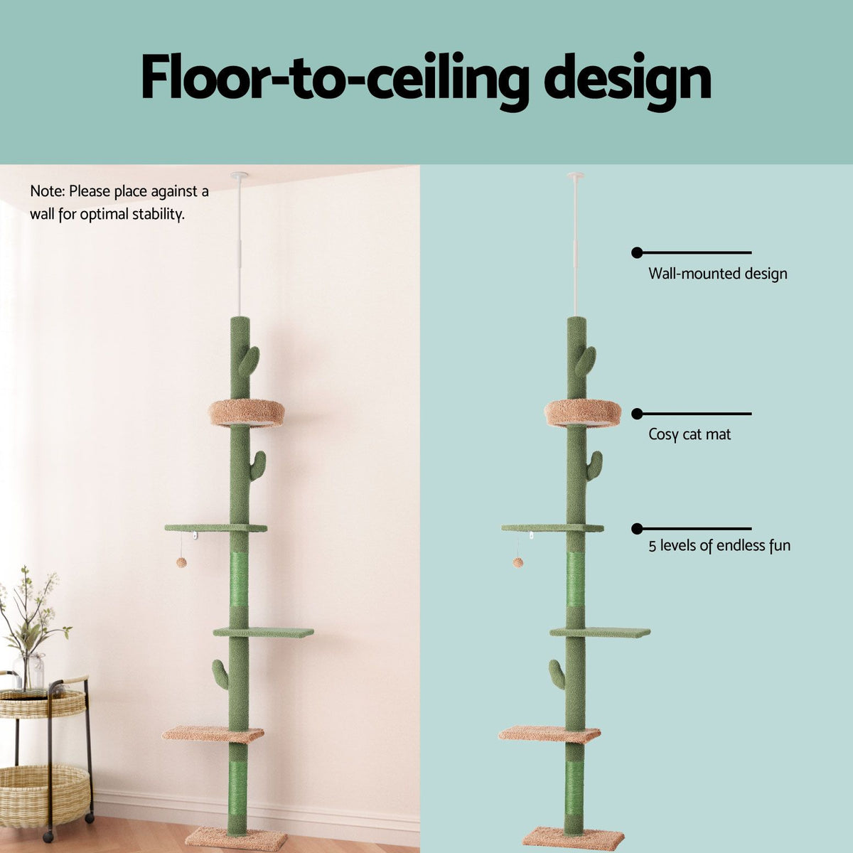 i.Pet Adjustable Floor-to-Ceiling Cat Tree, Green, 230–290 cm