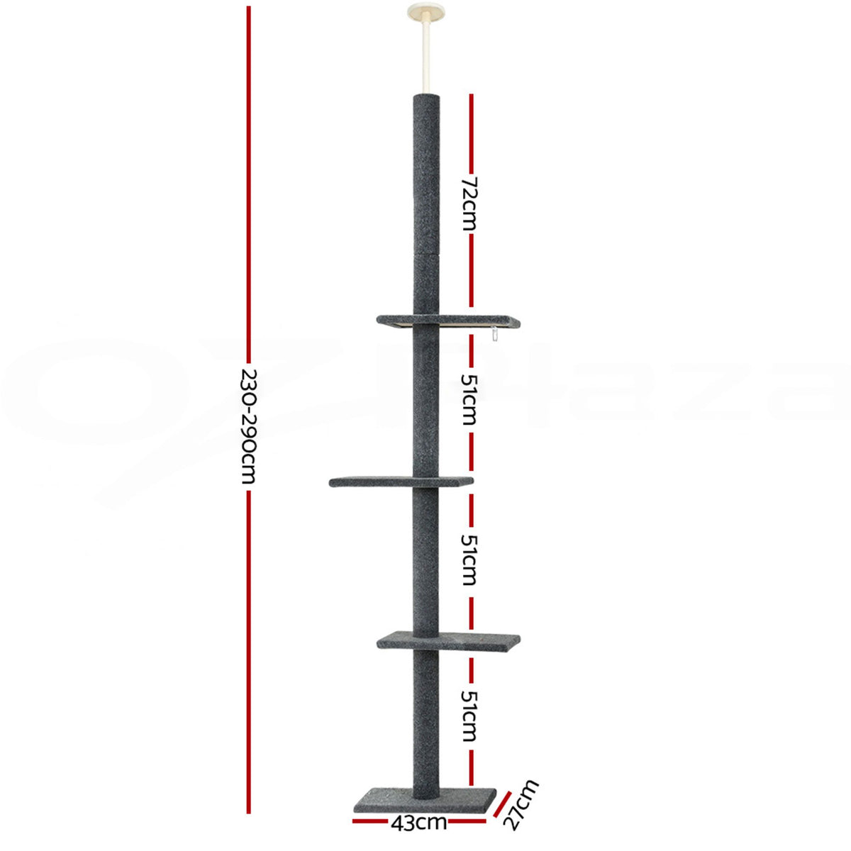 i.Pet Cat Tree 290cm Tower Scratching Post Scratcher Floor to Ceiling Cats Bed Grey — product image 2 of 8