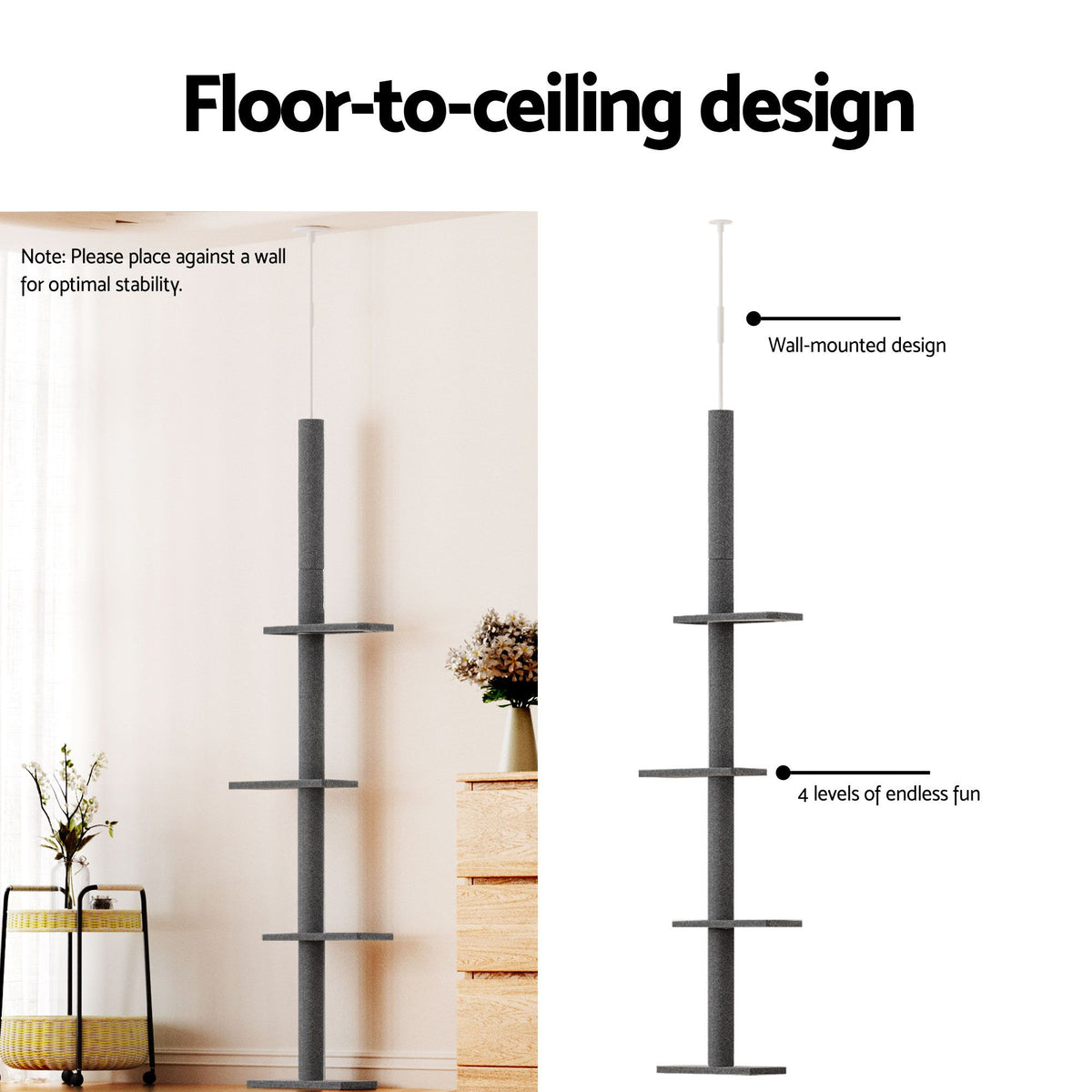 i.Pet Cat Tree 290cm Tower Scratching Post Scratcher Floor to Ceiling Cats Bed Grey — product image 4 of 8