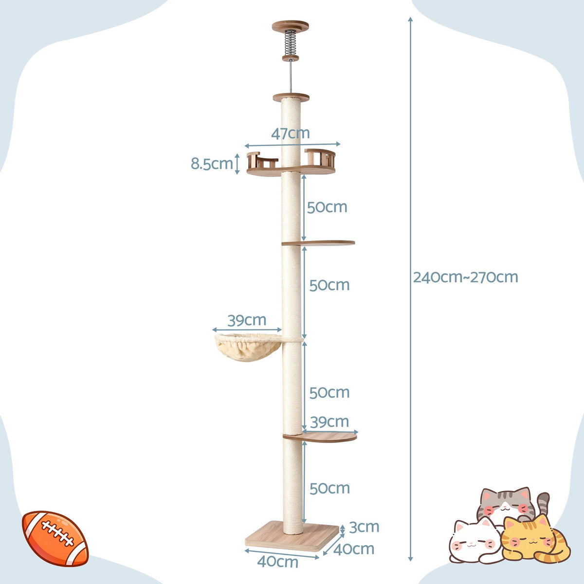 i.Pet Floor-to-Ceiling Sisal Cat Scratching Tree - Beige, Adjustable 249–274 cm