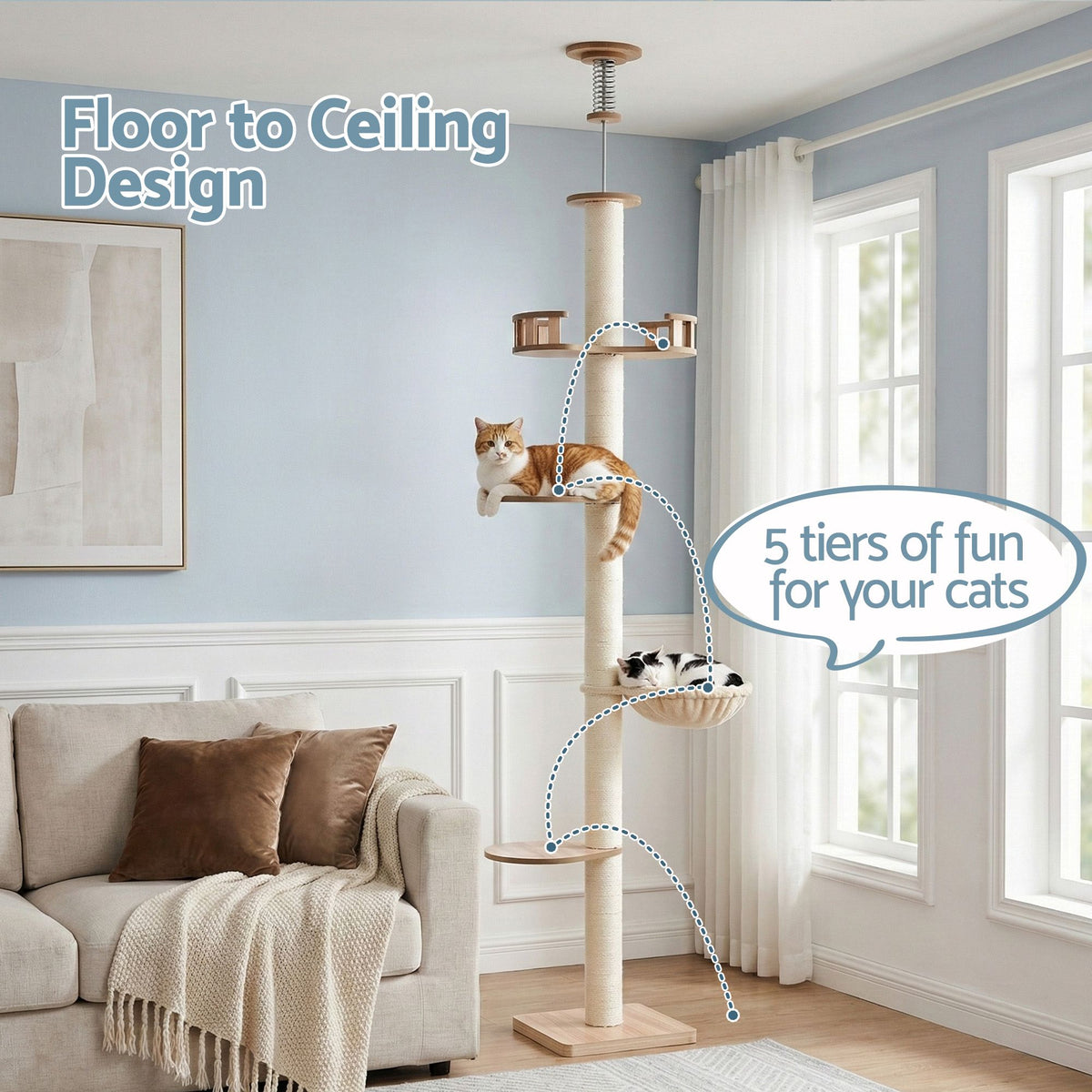 i.Pet Floor-to-Ceiling Sisal Cat Scratching Tree - Beige, Adjustable 249–274 cm