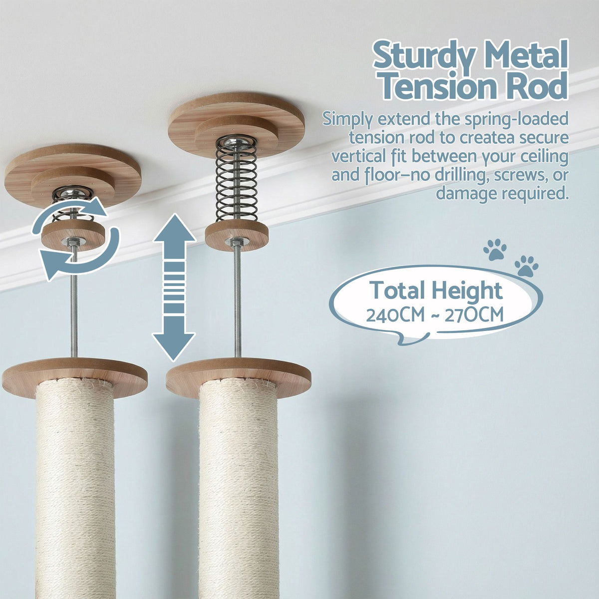 i.Pet Floor-to-Ceiling Sisal Cat Scratching Tree - Beige, Adjustable 249–274 cm