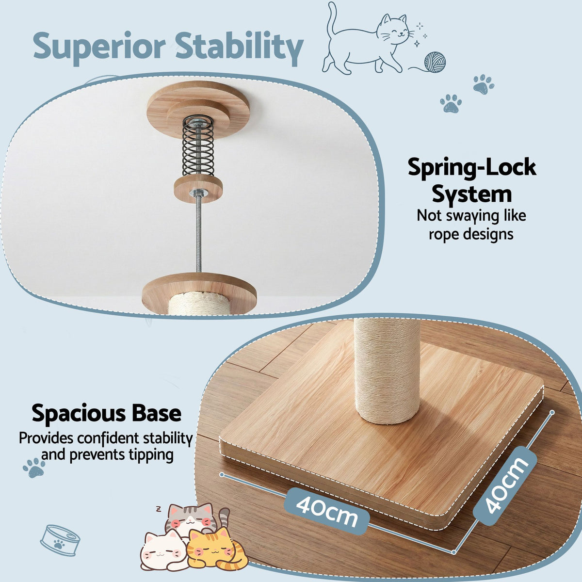 i.Pet Floor-to-Ceiling Sisal Cat Scratching Tree - Beige, Adjustable 249–274 cm