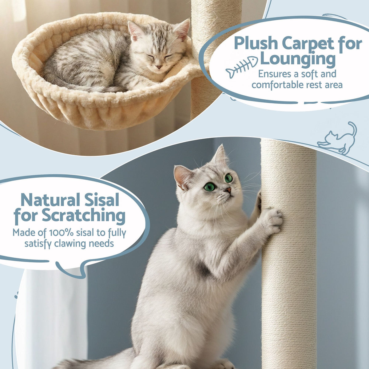 i.Pet Floor-to-Ceiling Sisal Cat Scratching Tree - Beige, Adjustable 249–274 cm